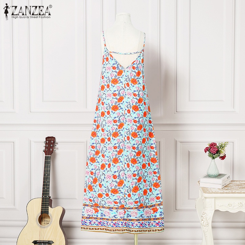Đầm hai dây Zanzea dáng dài cổ chữ V in họa tiết phong cách Tây Âu trẻ trung thời trang cho nữ