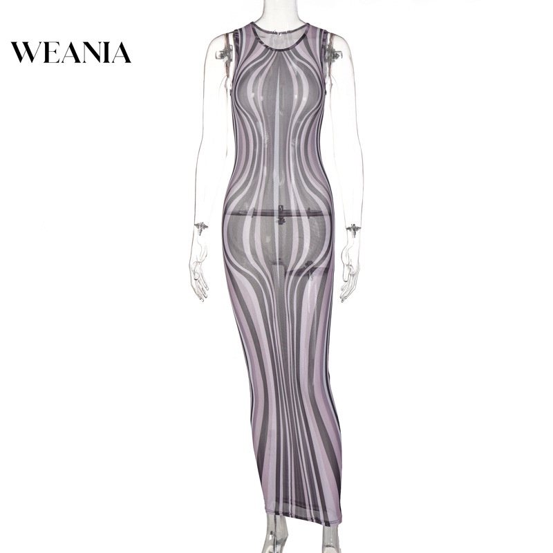 Đầm Dài Dáng Ôm Phối Lưới Kẻ Sọc Thời Trang Quyến Rũ Cho Nữ