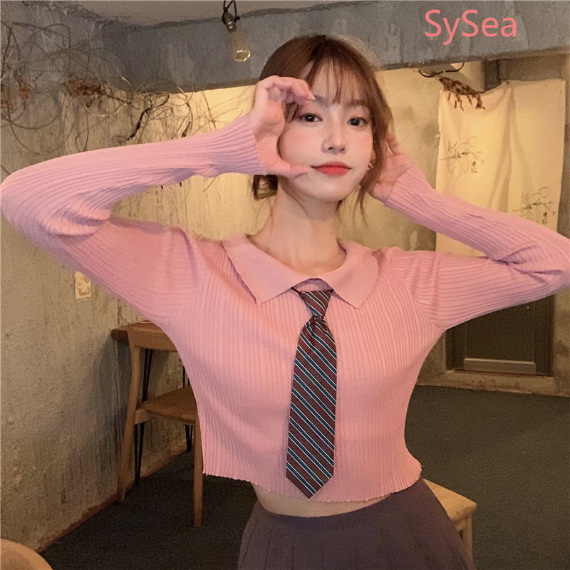 Áo Thun Polo Tay Dài Dệt Kim Cổ Bẻ Xinh Xắn Cho Nữ