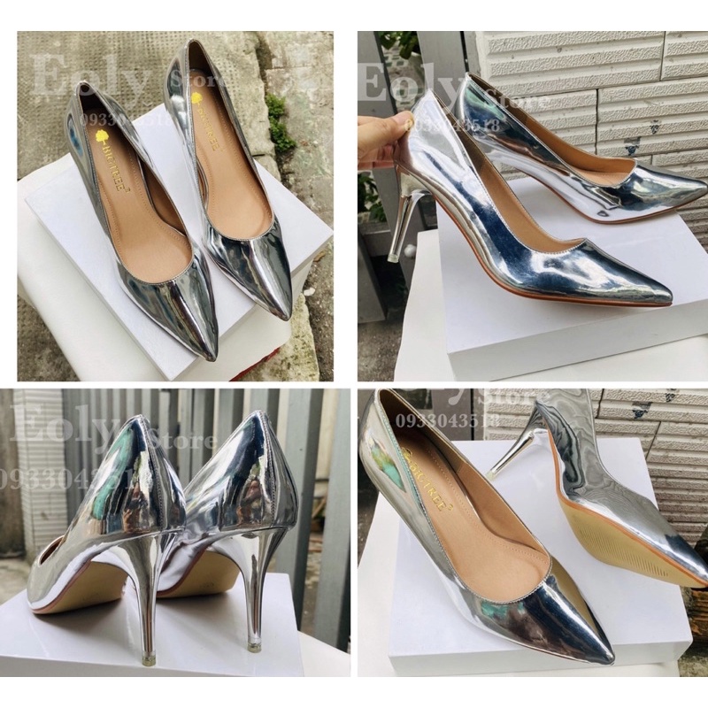 Giày Cao Gót 7cm - Hàng VNXK - Chất Liệu Si Bóng Màu Bạc - Đế Pháp - Chống Trầy Xước Nhẹ - Full Size - Ảnh Thật 100%