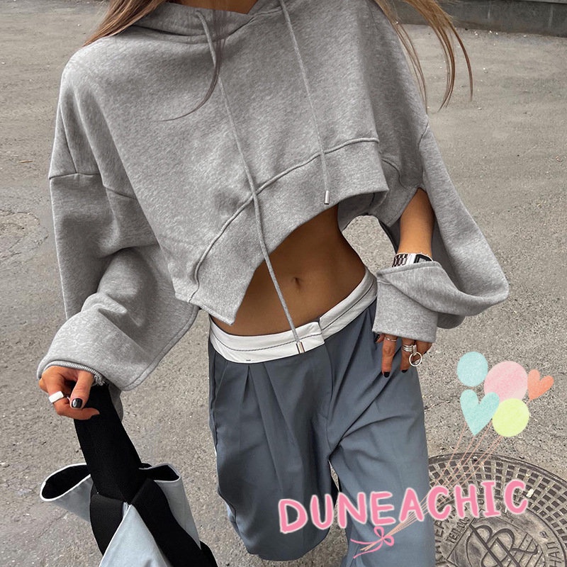 DUNEA Áo Hoodie Tay Dài Dáng Rộng Phối Dây Rút Lệch Tà Kiểu Đường Phố Cá Tính Cho Nữ