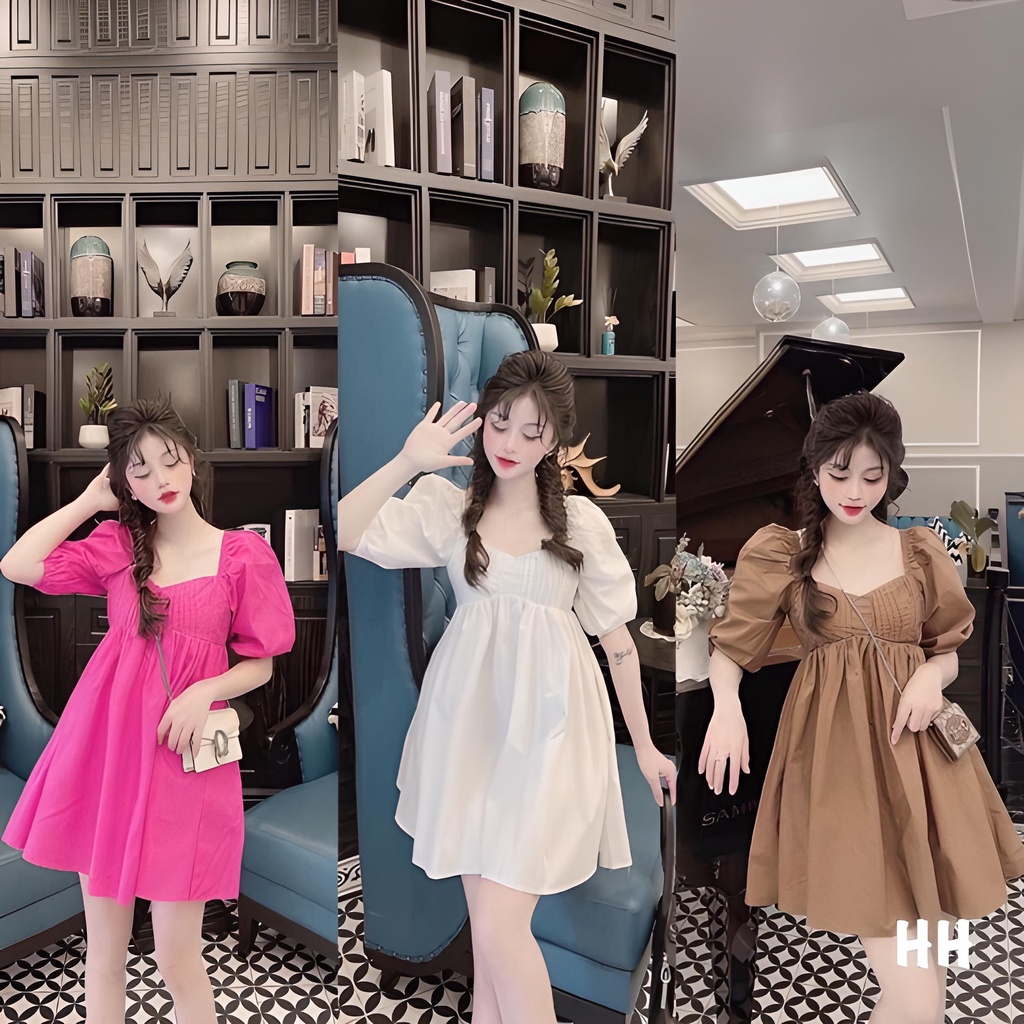 váy cổ vuông nhún ngực bo tay dáng ngắn