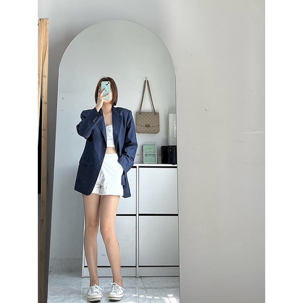 Áo blazer form rộng có đệm vai xanh đen