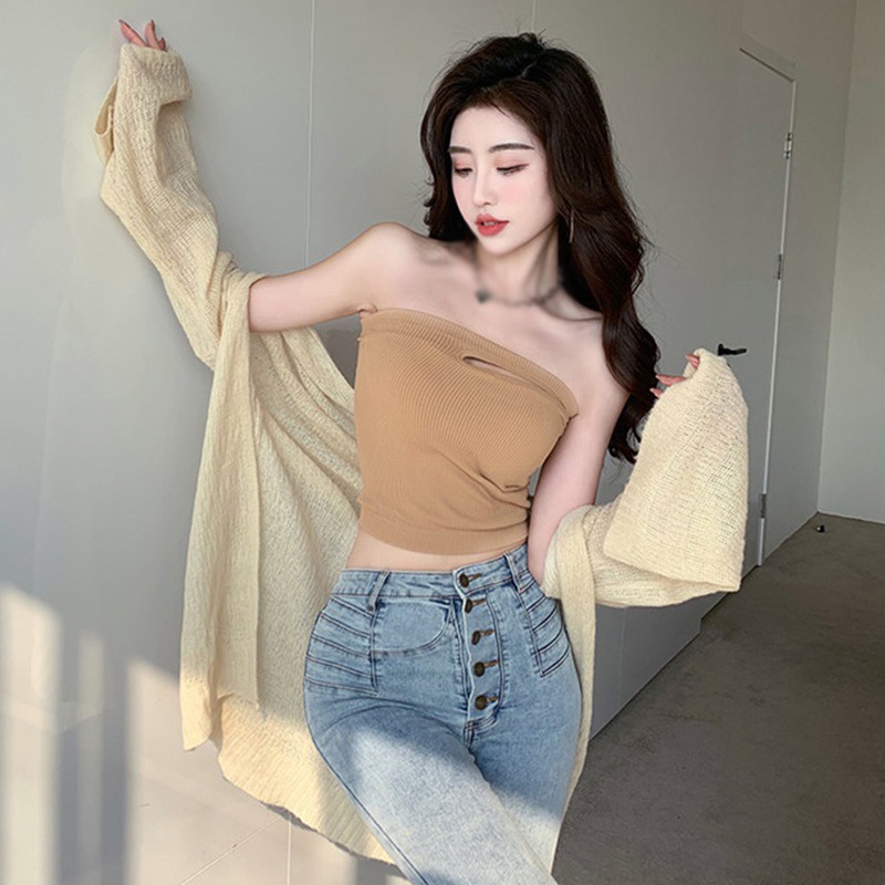 Áo Croptop Hai Dây Hở Vai Màu Sắc Trơn Có Đệm Ngực Phong Cách Hàn Quốc Dành Cho Nữ