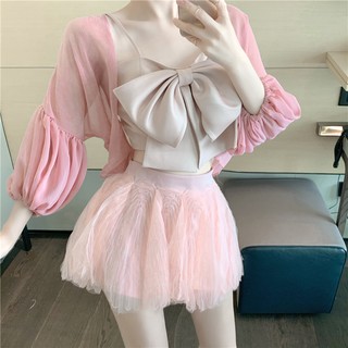 Set 3 món áo 2 dây nơ phối áo khoác hồng và quần váy dễ thương