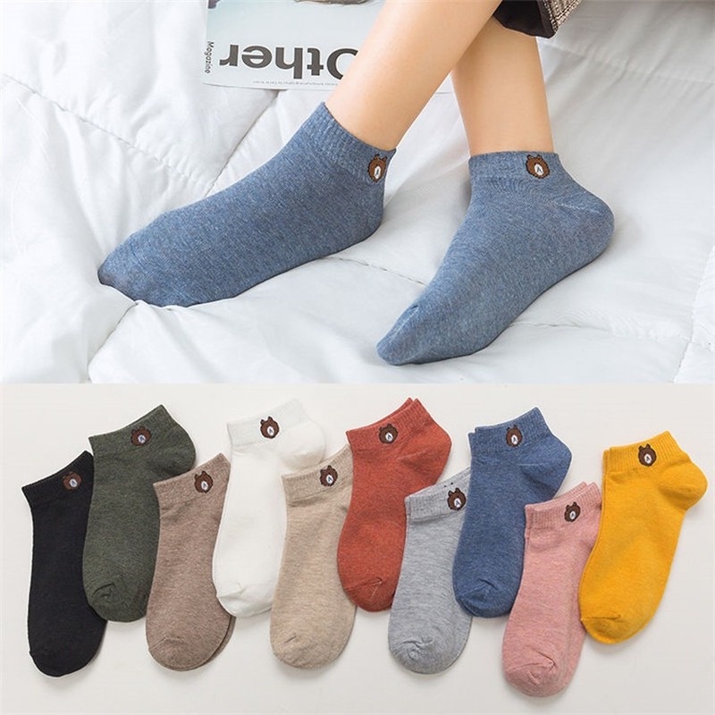 Set 10 Đôi Vớ Cổ Thấp Siêu Mỏng Thoải Mái Thêu Họa Tiết Vui Nhộn Cho Nữ Sinh