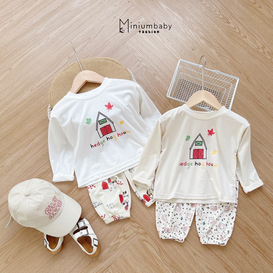 Bộ đồ dài tay quần dài thu đông in ngôi nhà, gà cho bé gái chất liệu 100% cotton, quần áo trẻ em miniumbabyfashionSB1303