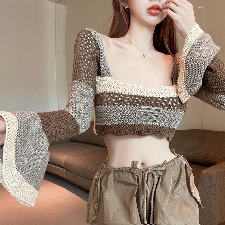 HUANG YOYO Áo Len Tay Dài Cổ Vuông Họa Tiết Kẻ Sọc Màu Sắc Tương Phản Phong Cách Hàn Quốc Thời Trang Cho Nữ