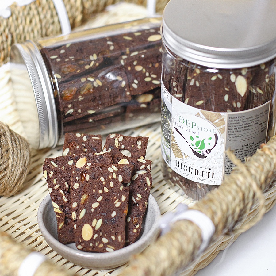 Bánh BISCOTTI Nguyên Cám Vị Chocolate Đẹp Store - Bánh Ngũ Cốc Nướng Ăn Kiêng Không Đường