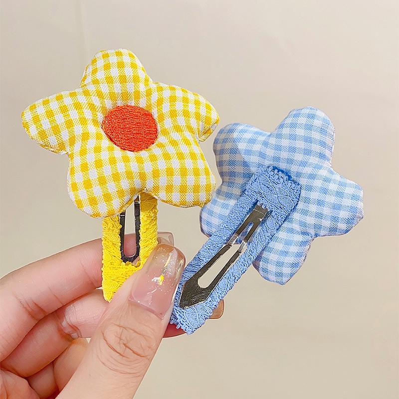 [MỚI] Kẹp tóc bọc vải đính bông hoa caro cỡ lớn màu pastel phong cách Hàn Quốc siêu xinh cho bé