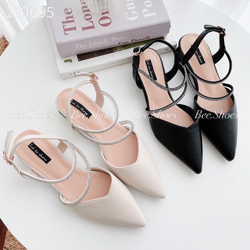 BEESHOES- GIÀY CAO GÓT MŨI NGỌN ĐẾ TRỤ CAO 5 PHÂN - GIÀY CAO GÓT DA MỀM DỄ ĐI ÊM CHÂN DÂY QUAI ĐÁ SẴN MÀU ĐEN -KEM 21069