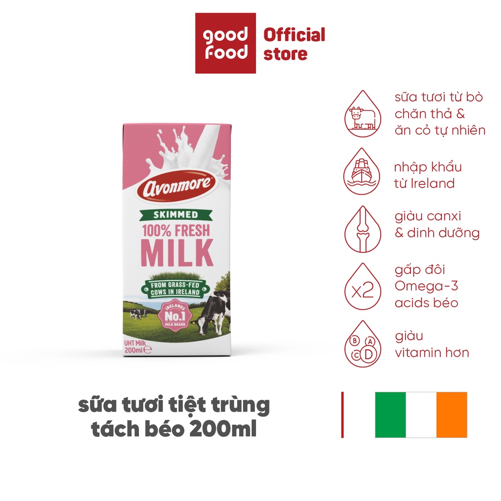 Sữa tươi tách béo tiệt trùng (không đường) Avonmore UHT Skimmed Milk 200ml giảm cân giữ dáng hiệu quả tốt cho sức khỏe