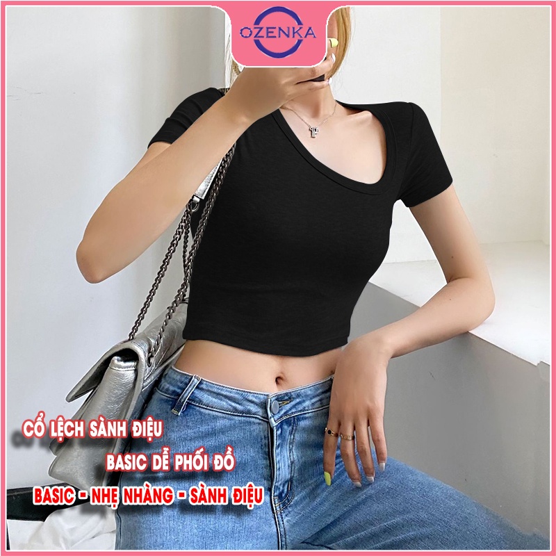 Áo croptop nữ tay ngắn ôm body cổ lệch OZENKA, áo thun đẹp kiểu hàn quốc màu đen trắng dưới 50 kg