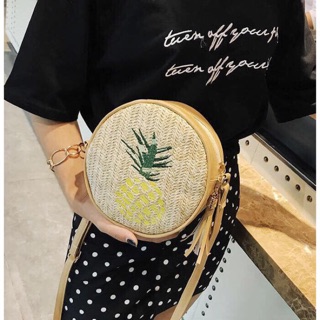 Túi cói đi biển thêu dứa dáng tròn tươi xinh