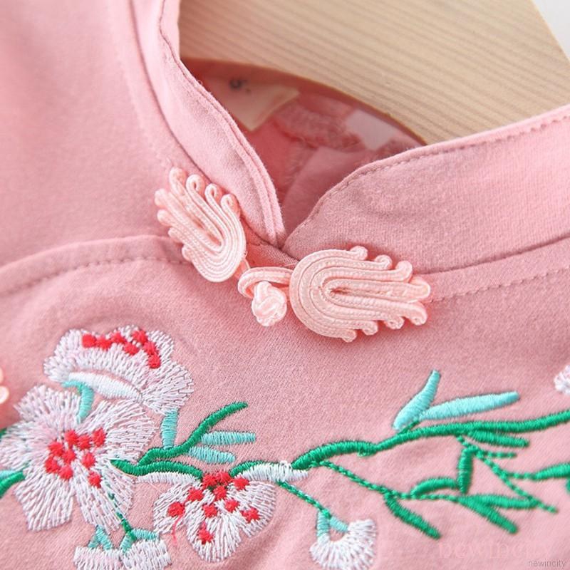 Váy dài tay thêu họa tiết phong cách Trung Hoa đáng yêu cho bé gái