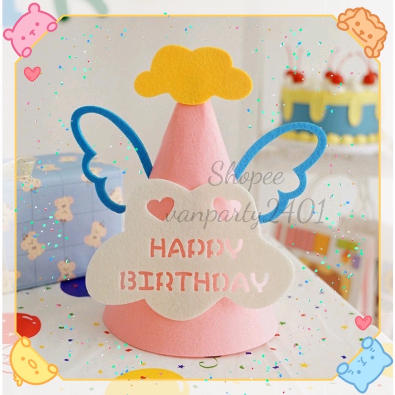Mũ/Nón sinh nhật 3D vải nỉ họa tiết chữ Happy Birthday trang trí phong cách Hàn Quốc