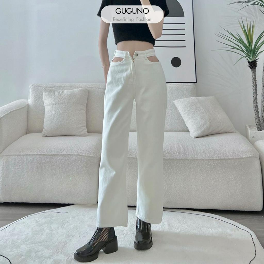 Quần jeans nữ ống rộng cạp cao Guguno