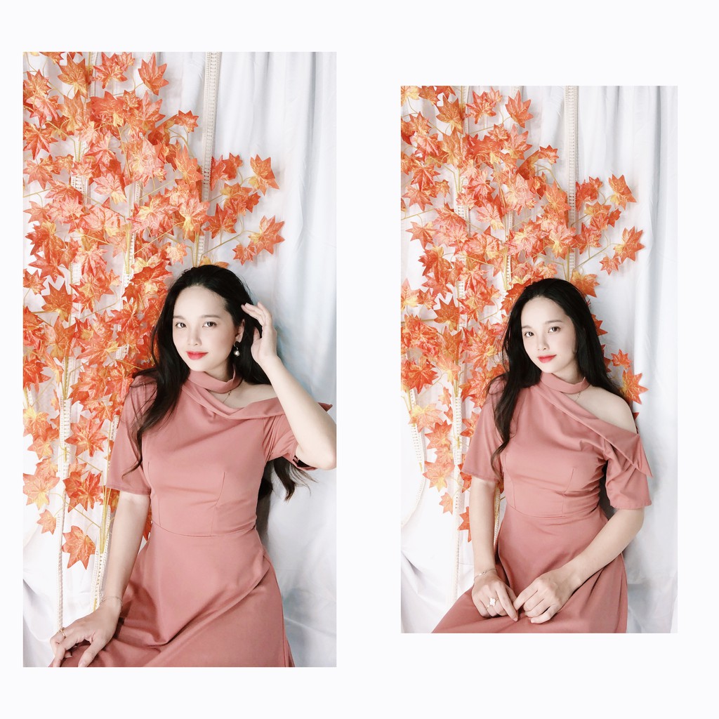 Đầm thun cotton lệch vai cổ giả
