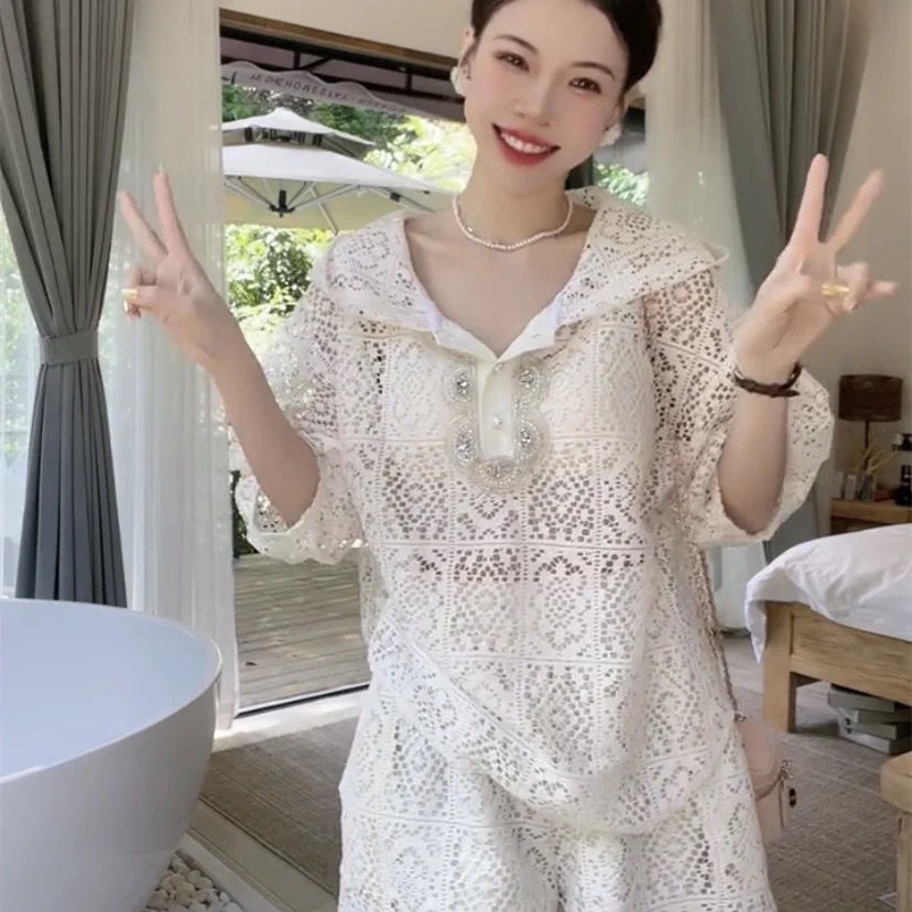 Bộ Áo Sơ Mi Phối Ren + Quần Short Thời Trang Cao Cấp Kiểu Pháp Cổ Điển Cho Nữ