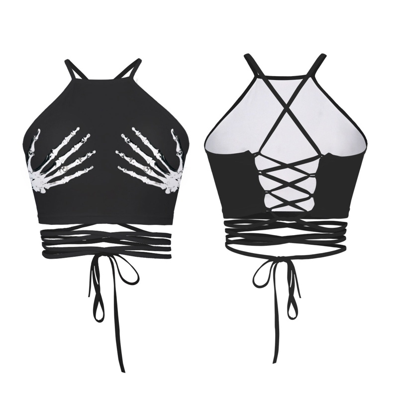 Áo croptop hở lưng cột dây in hình bàn tay đầu lâu 3D gợi cảm cho nữ