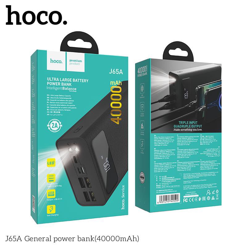 Pin sạc dự phòng cao cấp hàng chính hãng Hoco J65A 40.000mAh Tích hợp Led hiển thị và đèn pin, bảo hành chính hãng