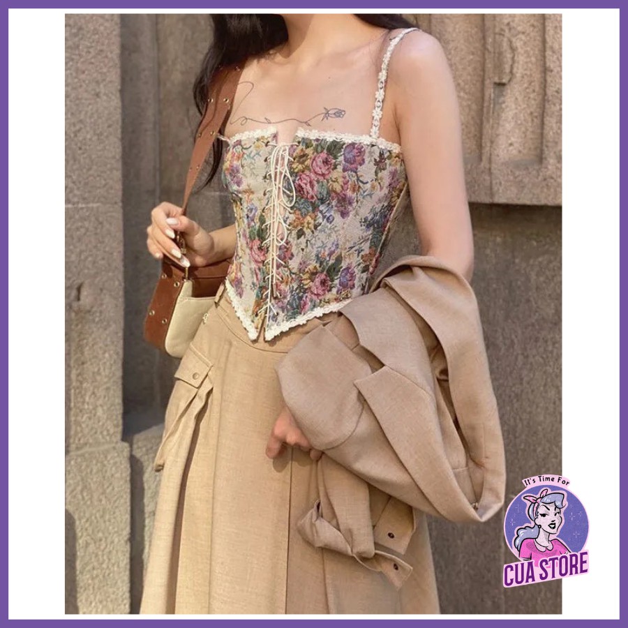 Áo hoa retro Pháp , corset hai dây sang chảnh quyến rũ chất thổ cẩm dệt chắc chắn hàng Quảng Châu