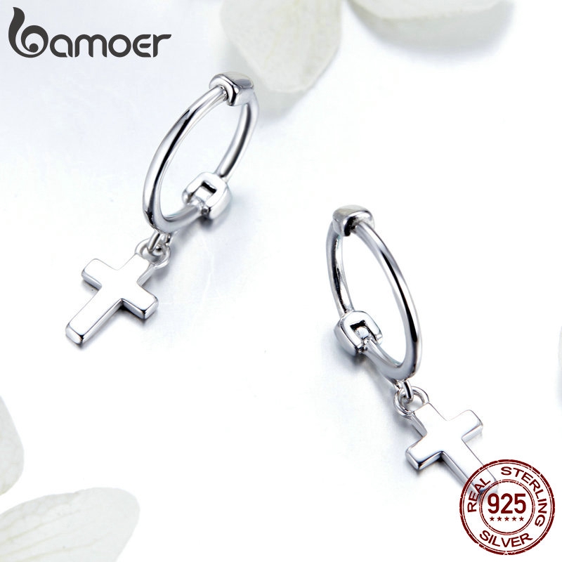 Khuyên tai BAMOER SCE547 hình thánh giá bằng bạc 925 thời trang cho nữ