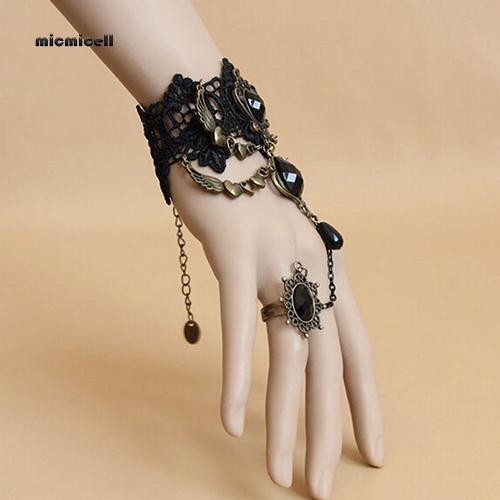 Vòng tay dây xích nối nhẫn bằng hợp kim phối ren hoa đính đá phong cách gothic cổ điển cho nữ