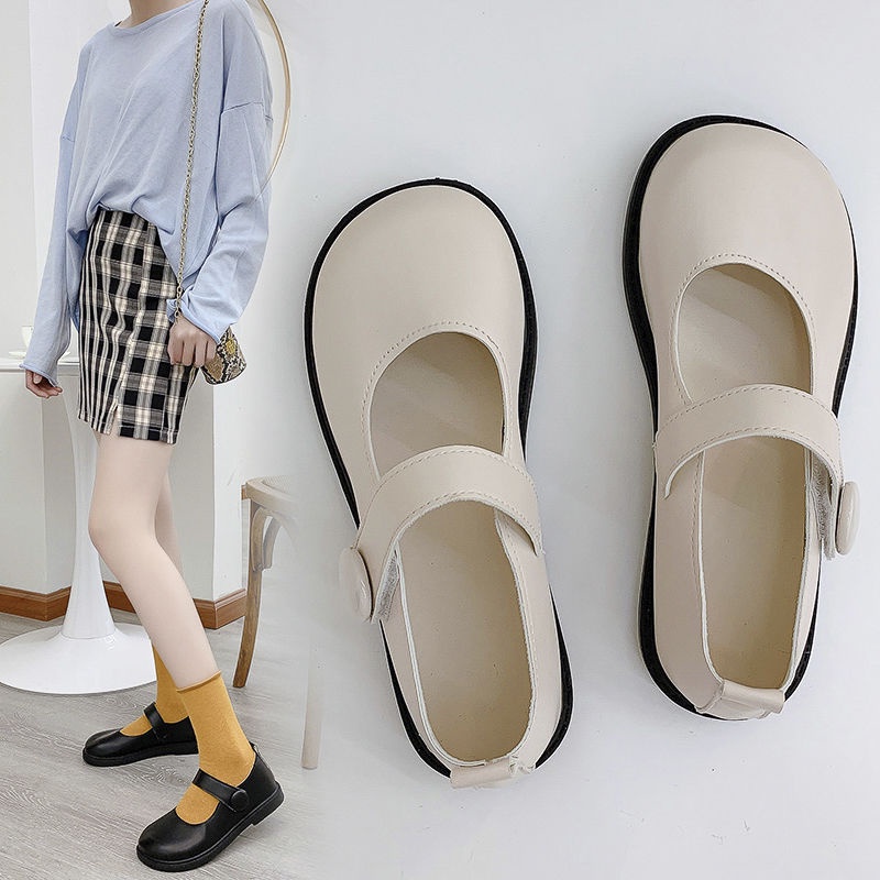 Giày búp bê nữ mũi tròn 3 màu đen, be và nâu cài quai phong cách Hàn Quốc