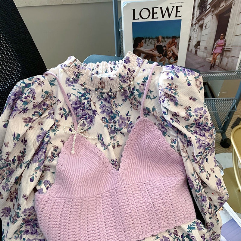 Set Áo Cổ Lọ + Áo Hai Dây Dệt Kim Thiết Kế Mới Thời Trang Mùa Xuân Dành Cho Nữ