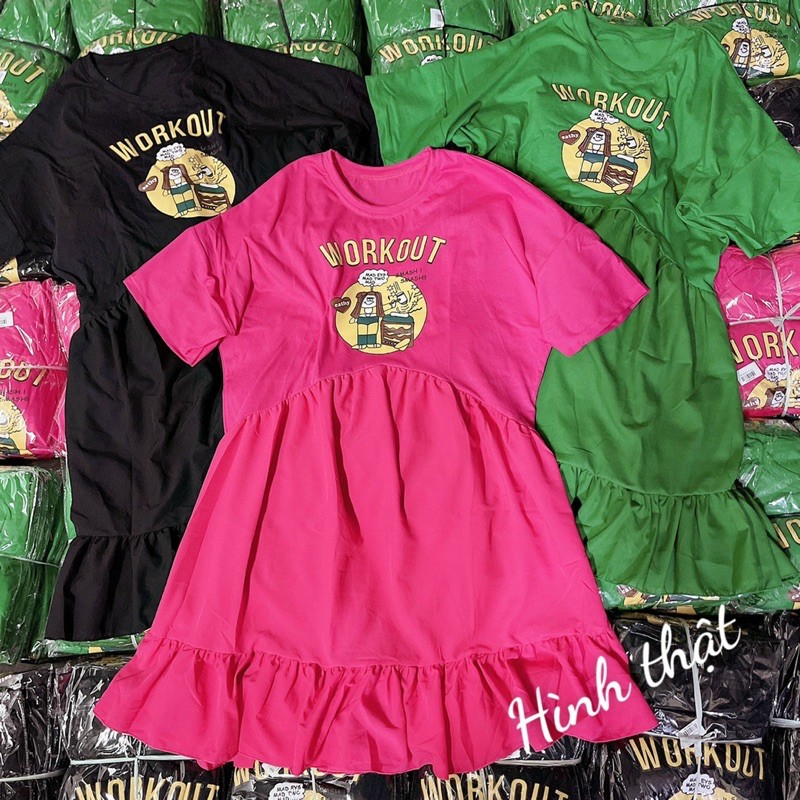 Đầm nữ kiểu babydoll phối in kute chất vải thun Borip FreeSize dưới 55kg