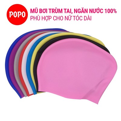 Mũ bơi POPO CA45 silicone co giãn, chống nước 100%, chùm tai cho nữ có tóc dài búi