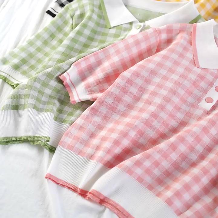 Áo polo caro dệt kim nữ tay ngắn dáng rộng len mongtogi kiểu cổ bẻ phối màu thời trang hàng đẹp Quảng Châu cao cấp | BigBuy360 - bigbuy360.vn
