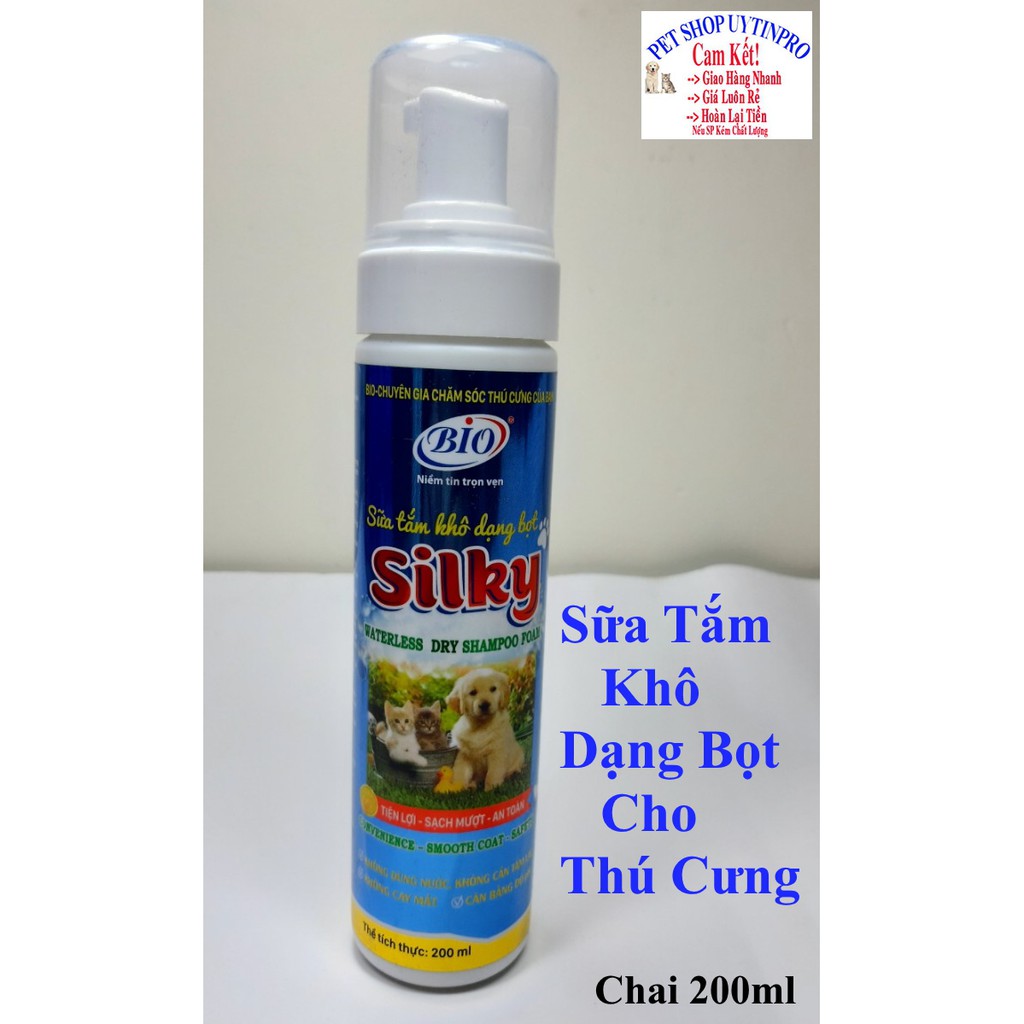 SỮA TẮM KHÔ DẠNG BỌT CHO THÚ CƯNG CHÓ MÈO Bio Silky Chai 200ml Xuất xứ Bio Việt Nam