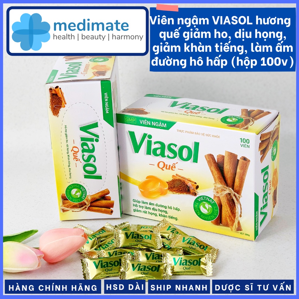 Viên ngậm VIASOL hương quế giảm ho, dịu họng, giảm khàn tiếng, làm ấm đường hô hấp