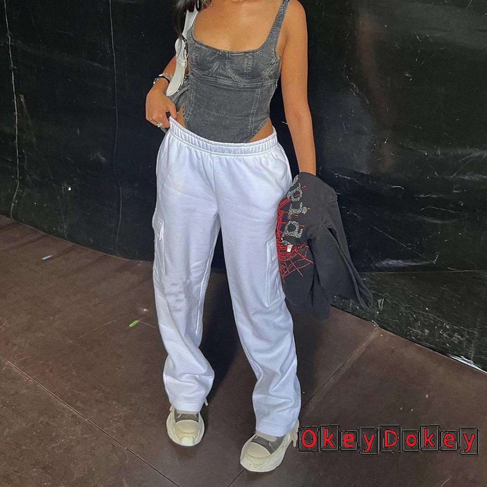 Quần Dài Dáng Suông Ống Đứng Lưng Thun Có Túi Màu Trơn Cho Nữ