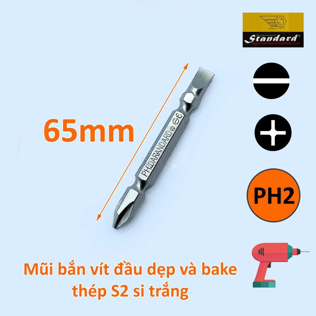 [combo] Bộ 10 Mũi Vít Siết Máy 2 Đầu Bake + Và Dẹp - Hãng STANDARD Full Size 2x65mm Nâu Và Trắng (Chính Hãng)
