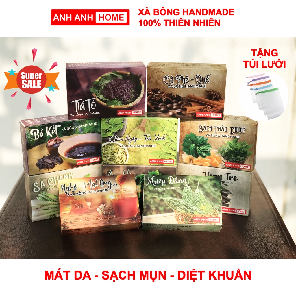 Xà bông thảo mộc thiên nhiên hữu cơ AnhAnhHome handmade an toàn, tươi mát ( Nghệ mật ong, bạc hà, than tre...)