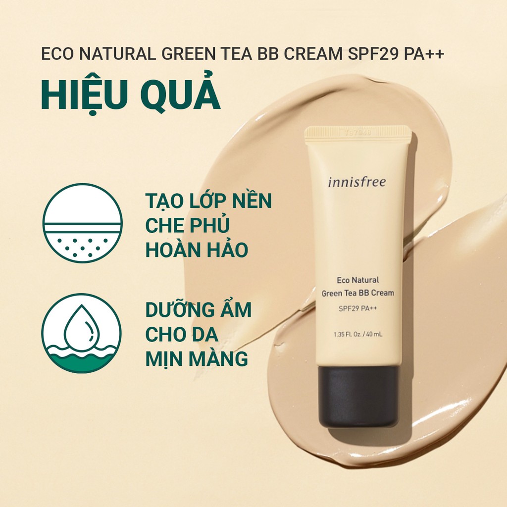 [Mã FMCGMF11 giảm 8% đơn 250K] Kem nền BB trang điểm innisfree Eco Natural Green Tea BB Cream SPF29 PA++ 40ml