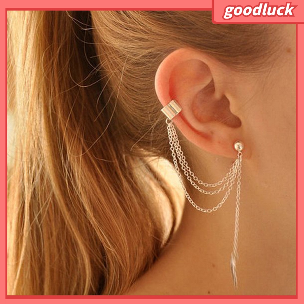 Khuyên tai dáng dài phối hình lá chất liệu kim loại cho nữ