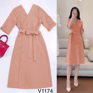 Váy Xoè Công Sở Cột Nơ Eo Đính Nút (Hình Thật)