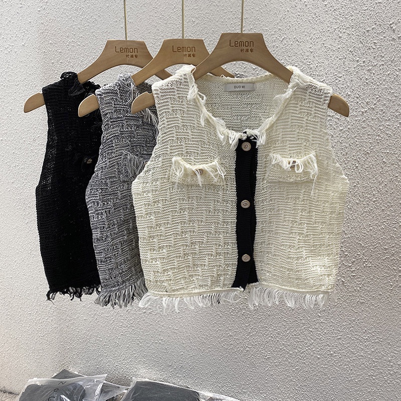 QKOOLE  Áo Dệt Kim Sát Nách Cổ Tròn Phong Cách Hàn Quốc Cho Nữ