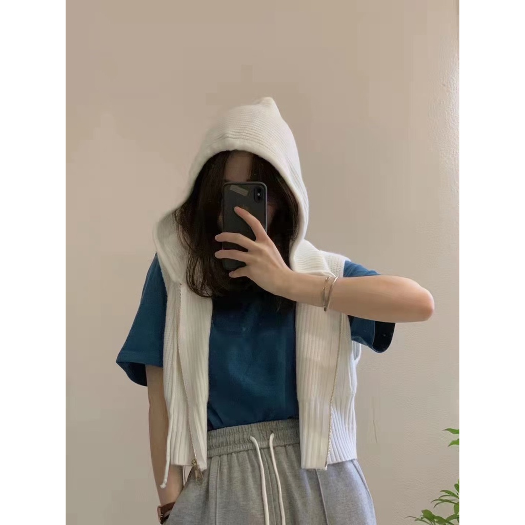 Áo khoác dệt kim XIAOZHAINV sát nách có mũ trùm phong cách retro Hàn Quốc thời trang 3 màu tùy chọn