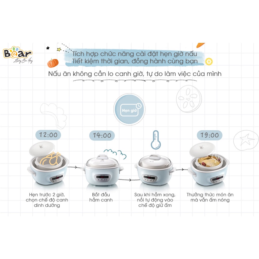 Nồi Nấu Cháo Cho Bé_Nồi Nấu Chậm_Hầm Cháo Đa Năng, Kèm Lồng Hấp_Bear Dung Tích 0.8L- 1L - 1,6L - 2,5L- Bảo Hành 18 Tháng