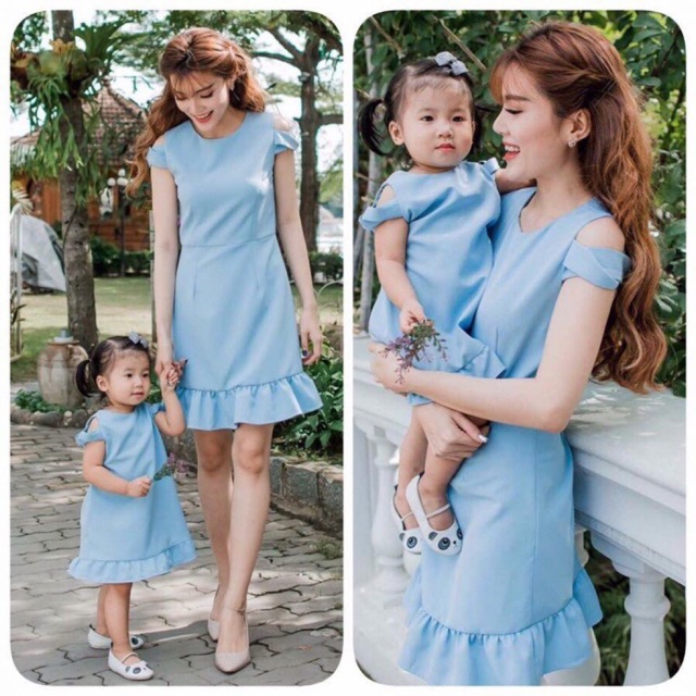 Đầm.mẹ bé. Xanh nhạt tuyết mưa