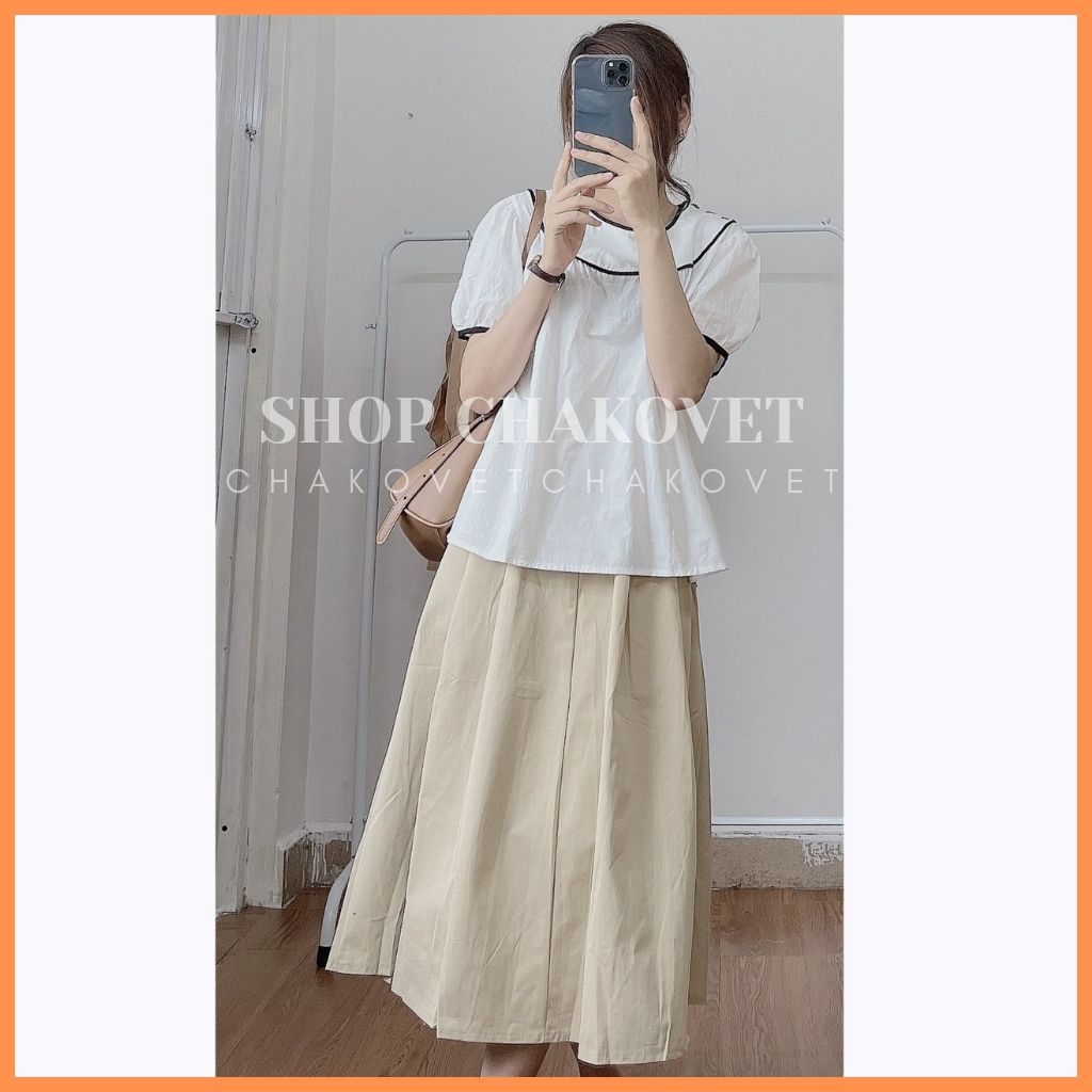 Áo babydoll cổ tròn viền đen ba cúc bấm đen vai lạ mắt cka823, kiểu áo nữ cộc tay