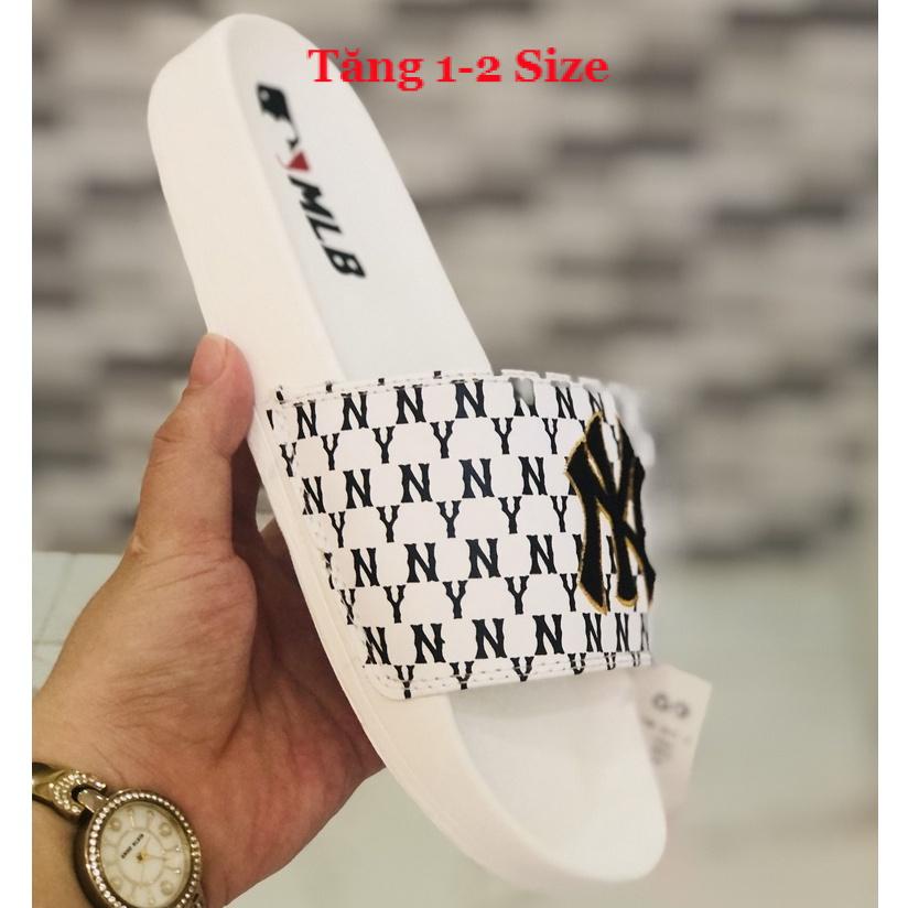 Dép unisex 𝐌𝐋𝐁 𝗡𝗬 ❤️FREESHIP + Hộp❤️ dép mlb ny bóng chày quai ngang thể thao nam nữ Thêu nỗi NY-NY D.GV-trắng-chữ-đen