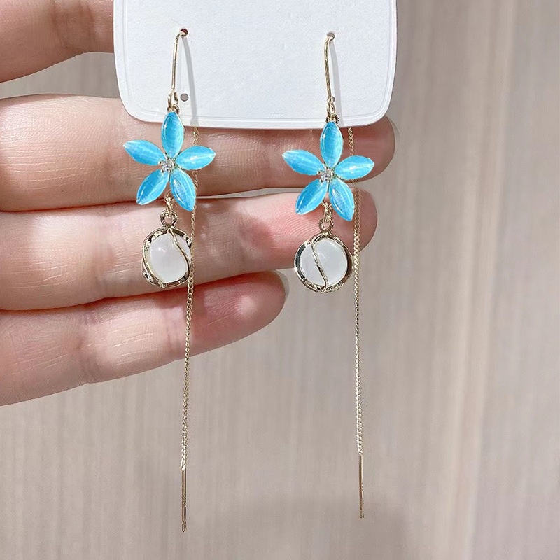 Bông Tai Dáng Dài Đính Đá Opal Hình Hoa Đơn Giản Thời Trang Cho Nữ PD802