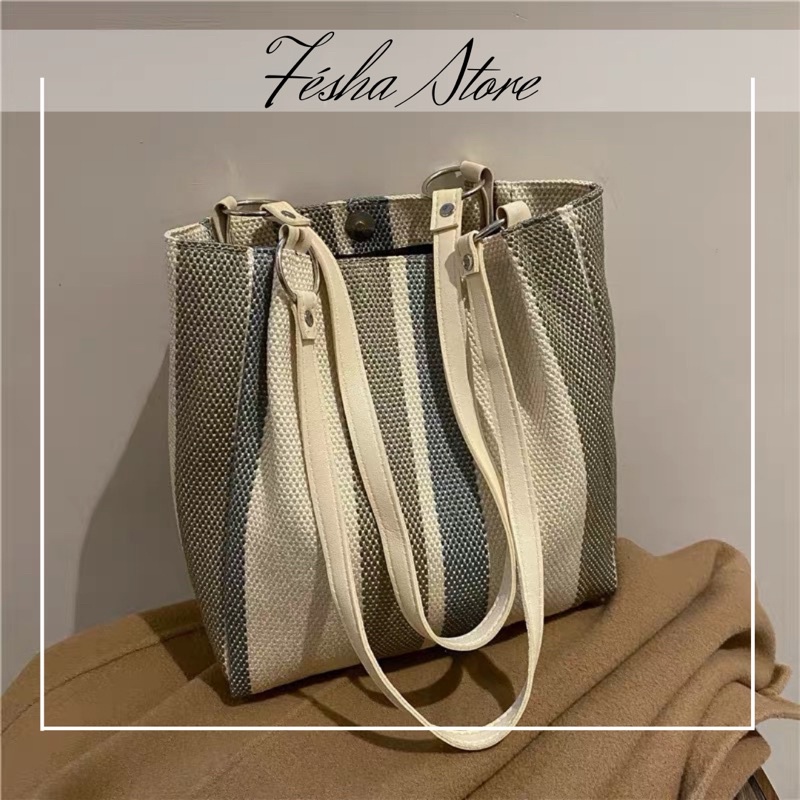 [SẴN xanh] Túi tote vải lanh sọc thanh lịch đi làm_phong cách Hàn Quốc nữ tính