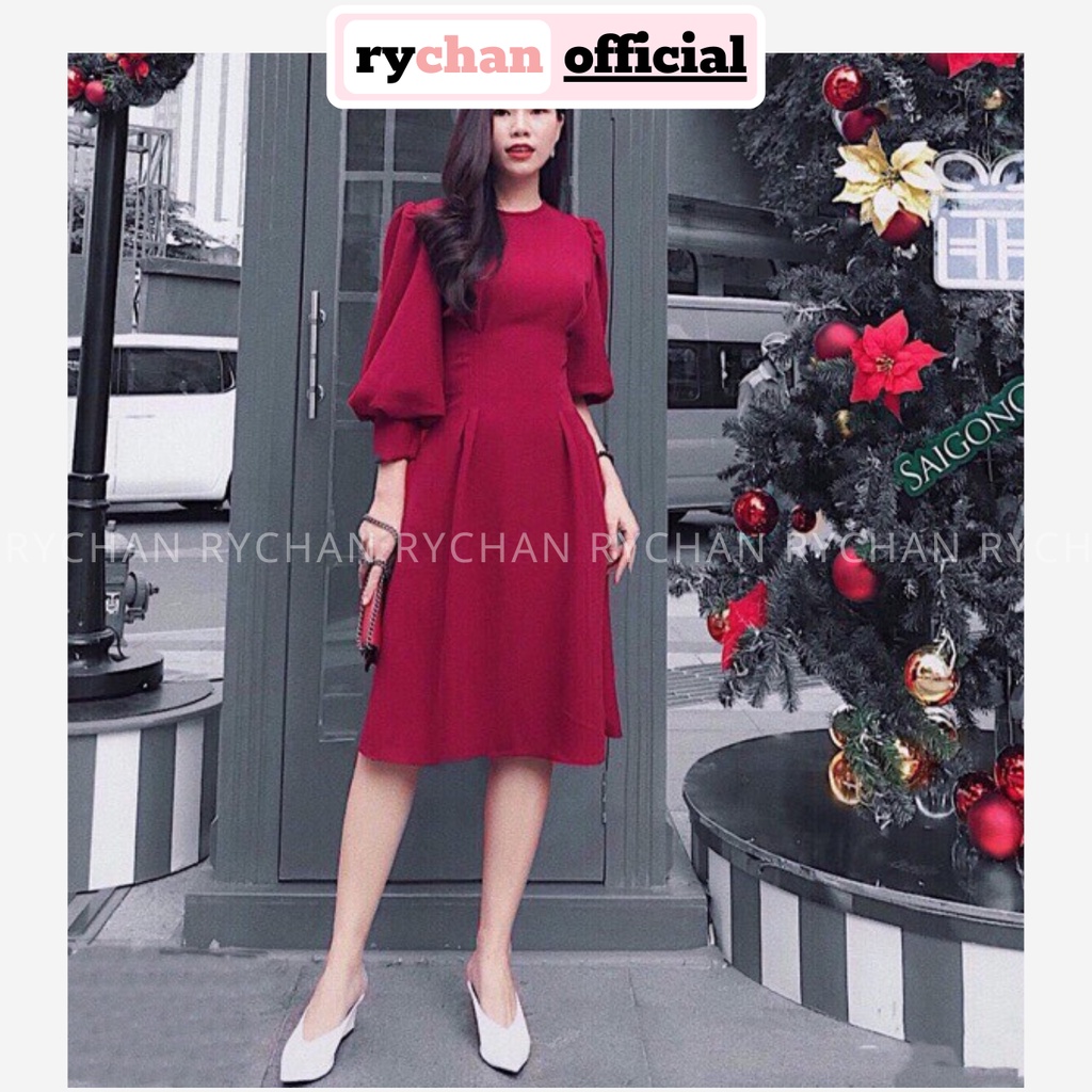 DX632 - Đầm Xòe Đỏ Tay Phồng Cổ Tròn